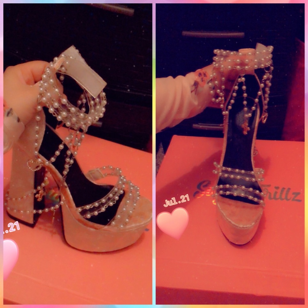 Pink velvet platform heels